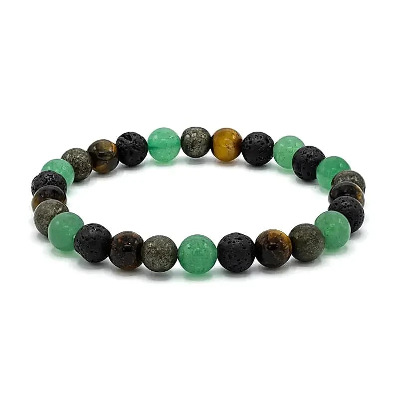 Armband 8 mm grön kvarts, lavasten, tigeröga och pyrit – för bredare handleder
