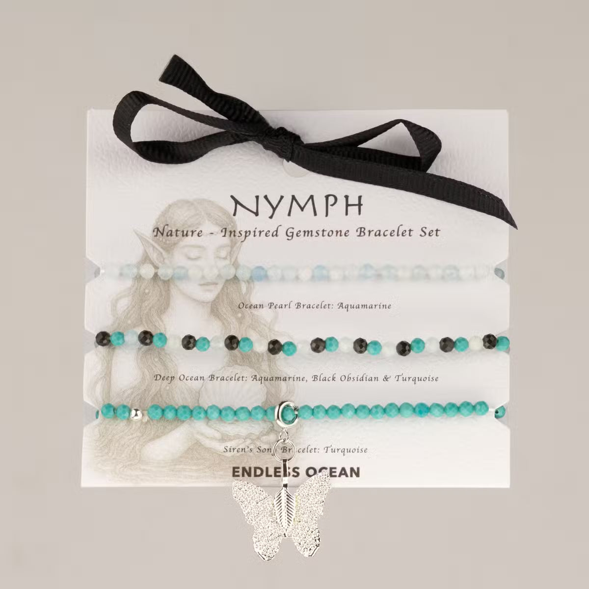 Nymph Spirit armbandsset Endless Ocean – akvamarin, turkos & obsidian