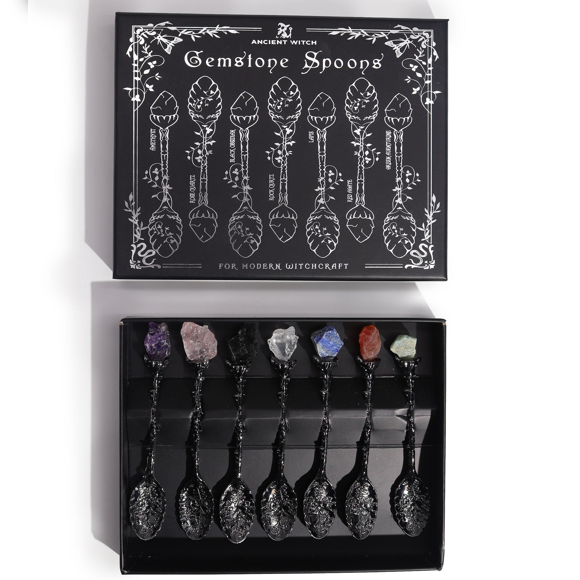 Dark Silver Gemstone Crystal Witch Spoons - kristallilusikkasetti 7 kpl