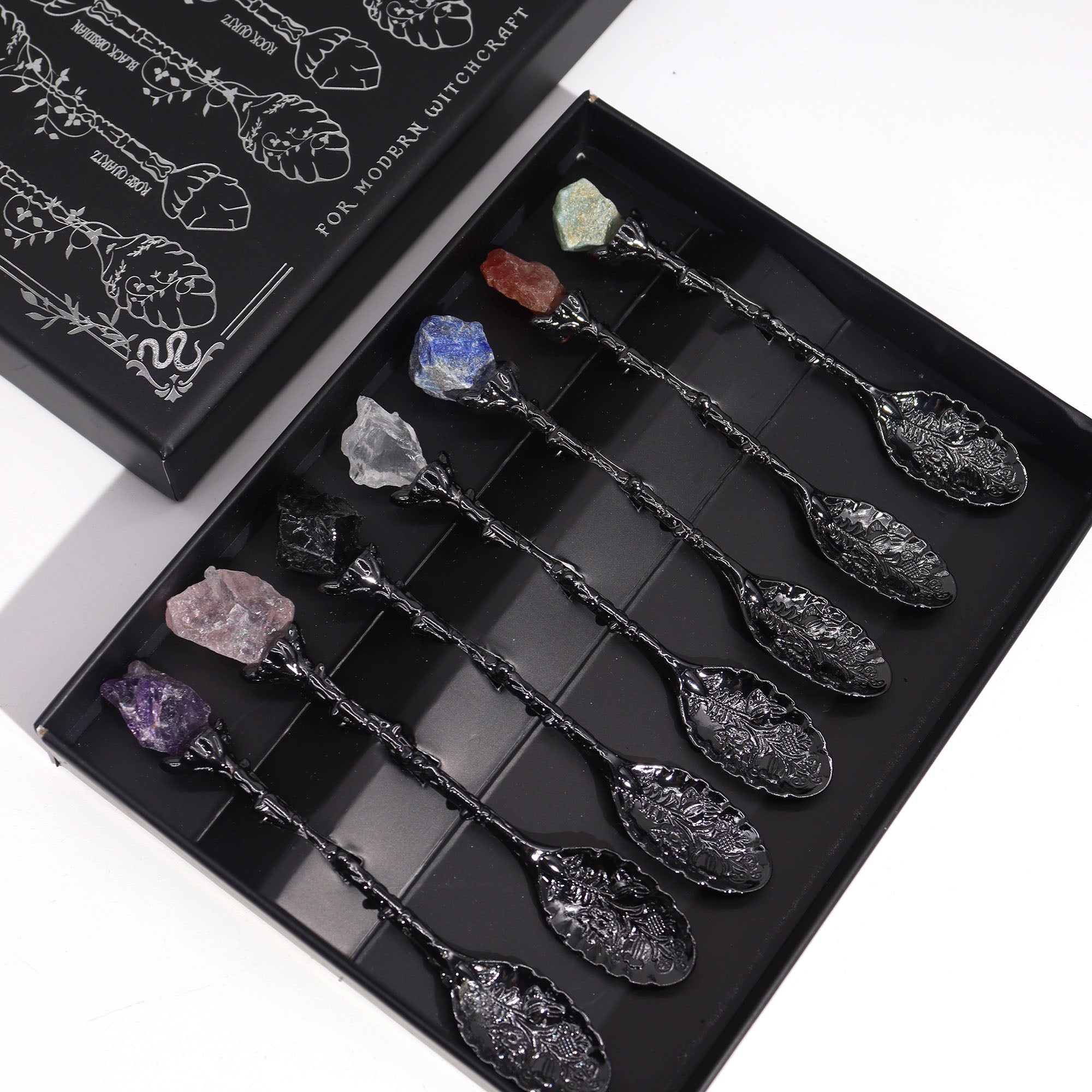 Dark Silver Gemstone Crystal Witch Spoons - kristallilusikkasetti 7 kpl