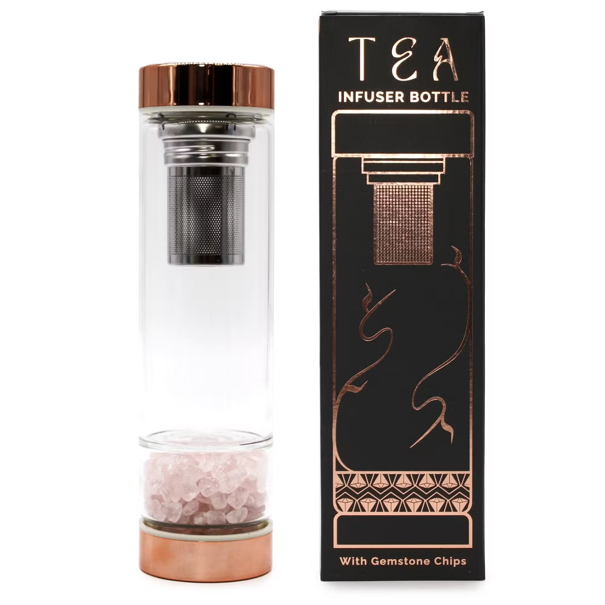 Glasflaska med tesil 500 ml – rosenkvarts