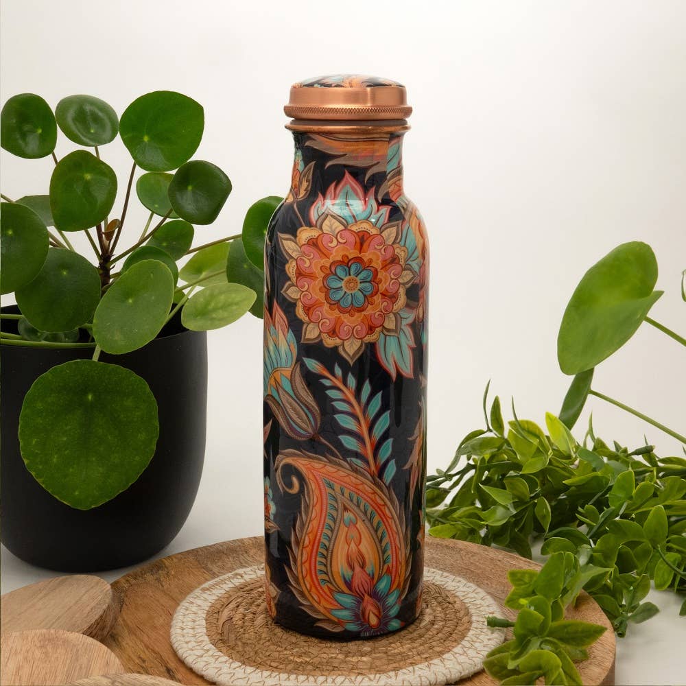 Vattenflaska i ren koppar med blommigt mönster ± 750 ml