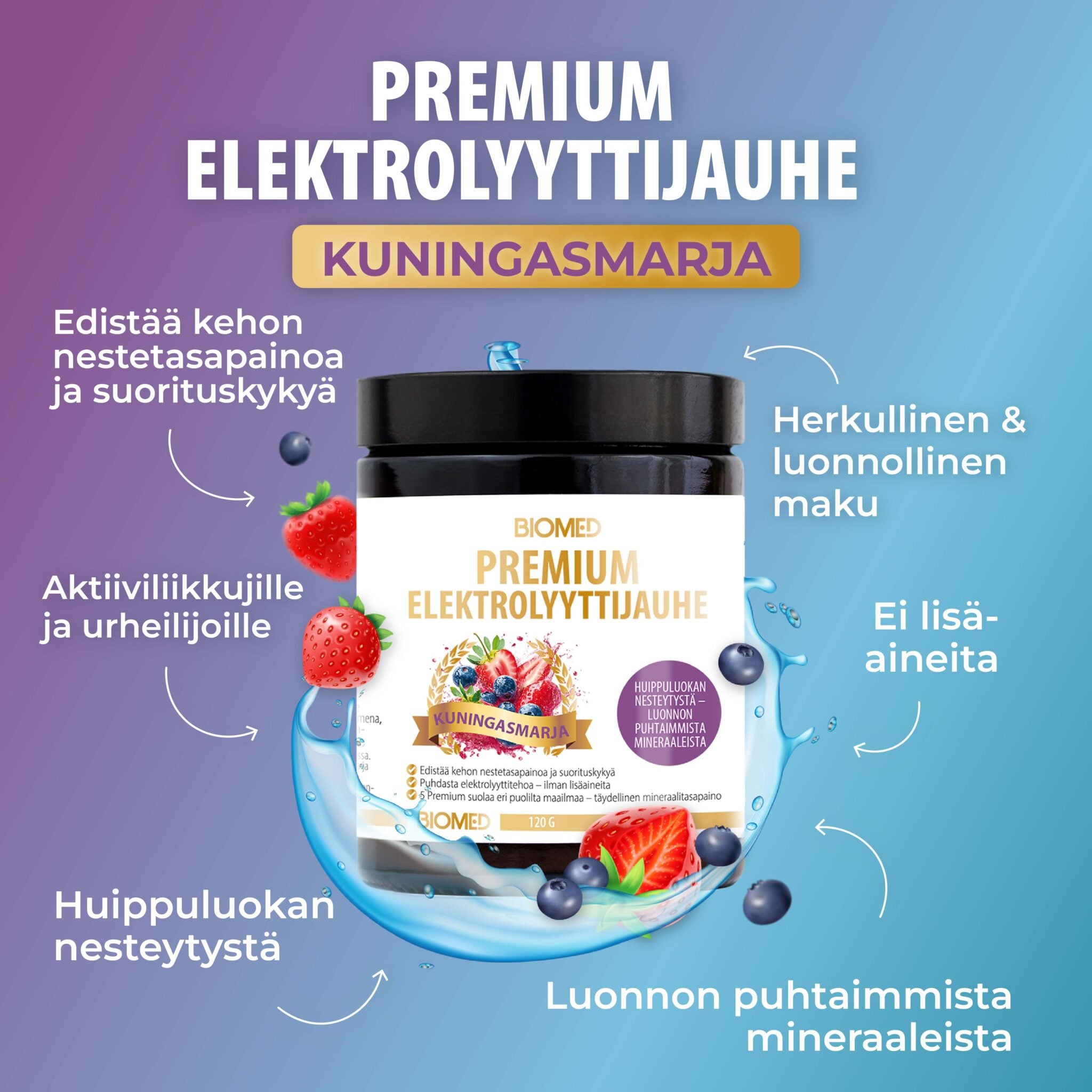 Biomed Premium Elektrolyyttijauhe Kuningasmarja 120g