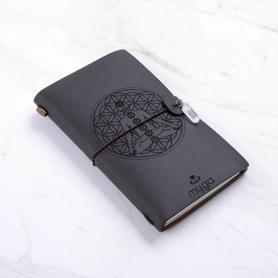 Muistikirja Meditation Chakra, Black with Clear Quartz