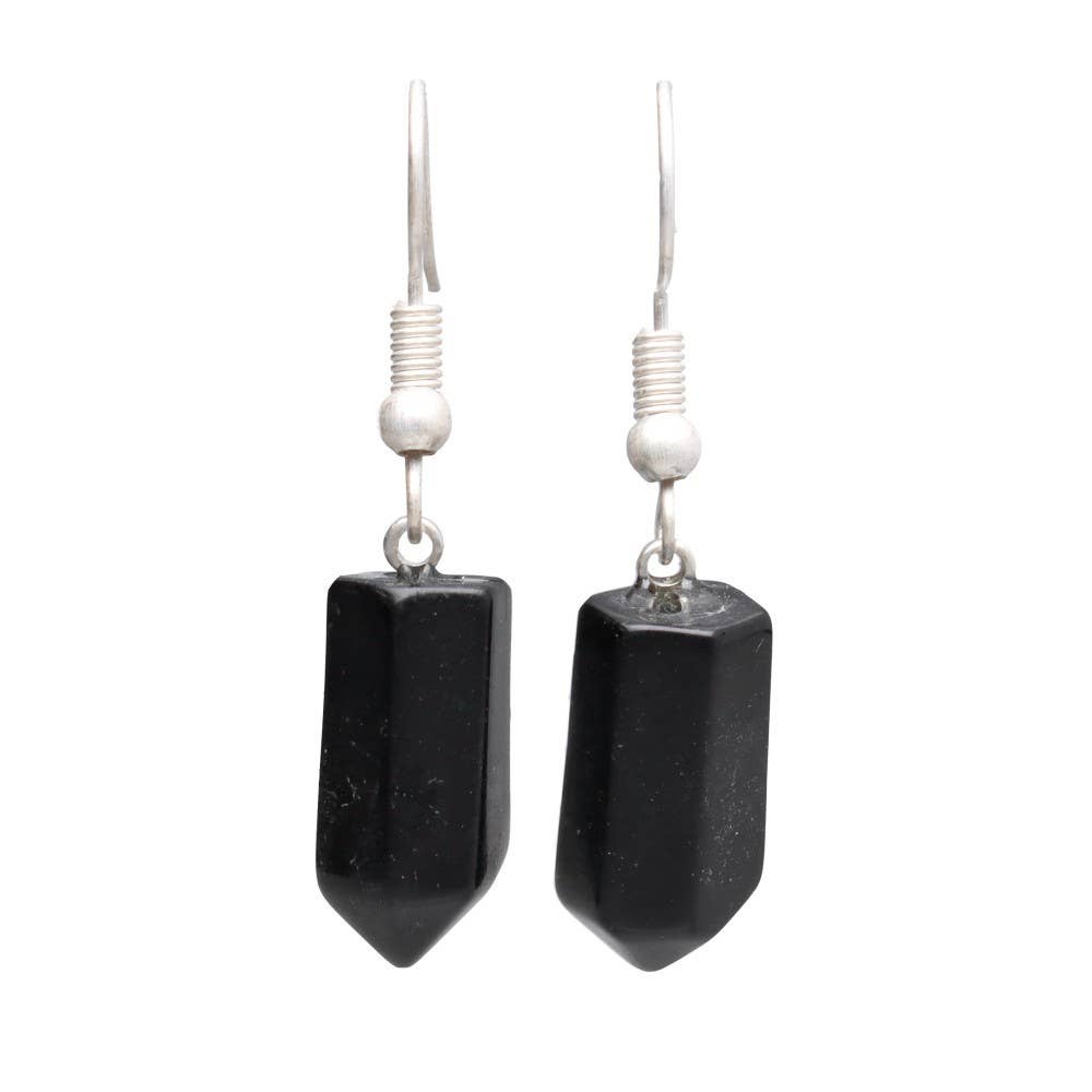Obsidian Point Earrings in Silver Plating