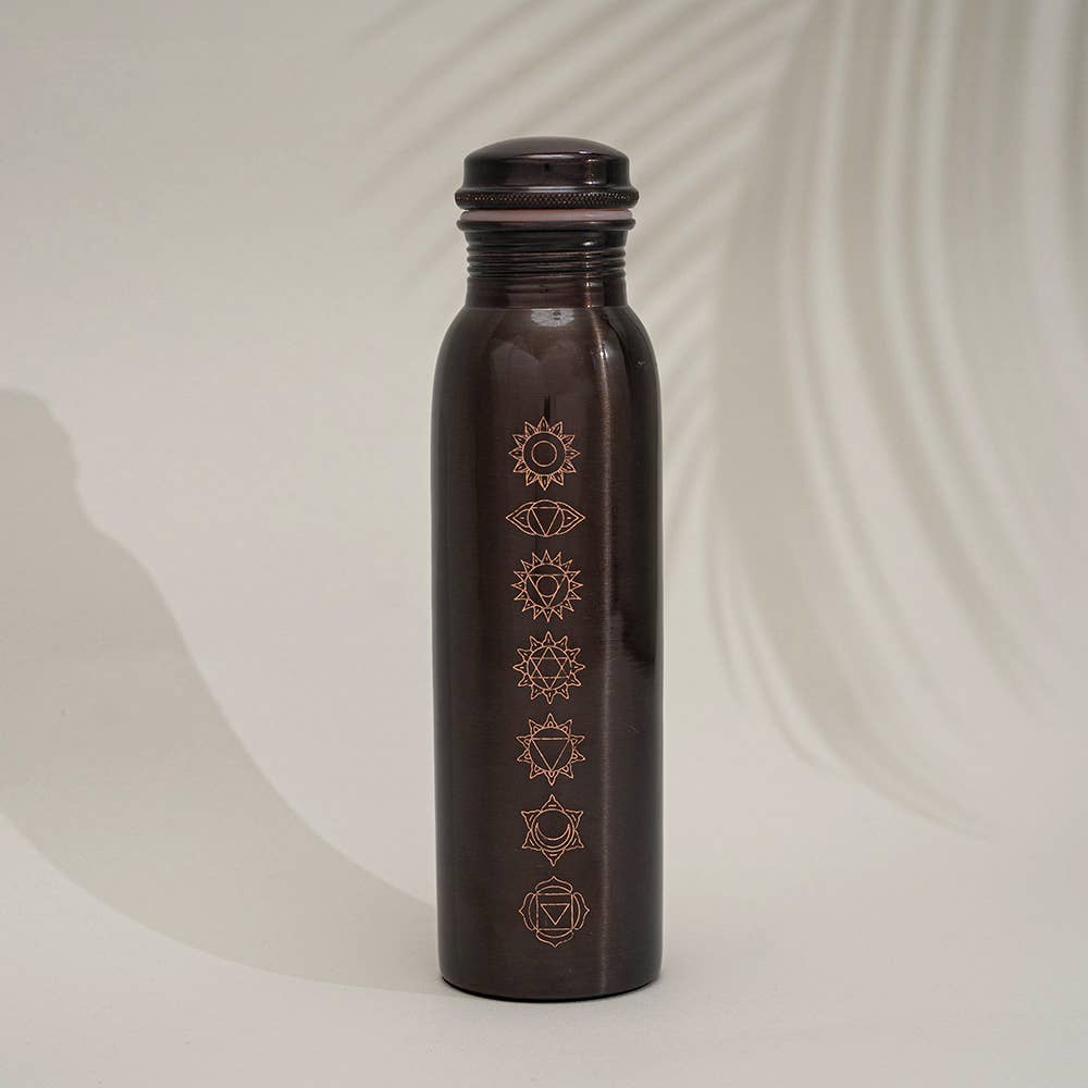 Pure copper water bottle 7 chakras antique finish ± 950 ml