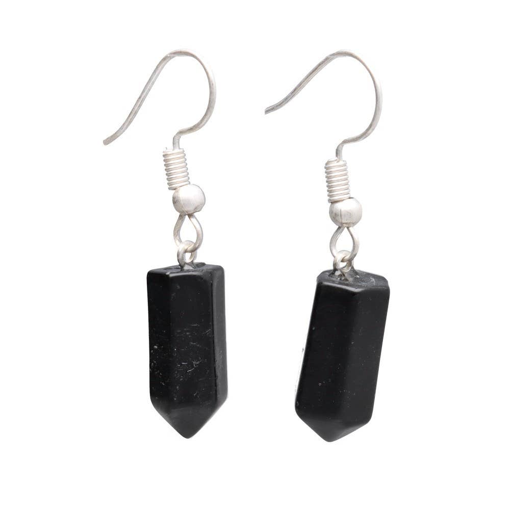 Obsidian Point Earrings in Silver Plating